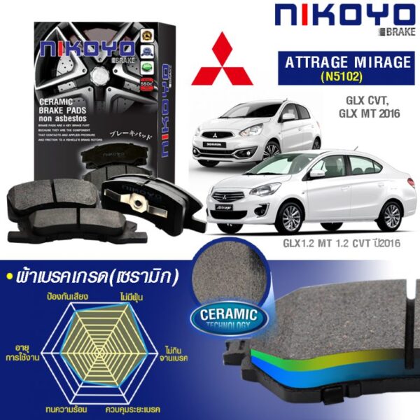 MITSUBISHI MIRAGE 1.2 ปี 2003-08 ผ้าเบรค N5102